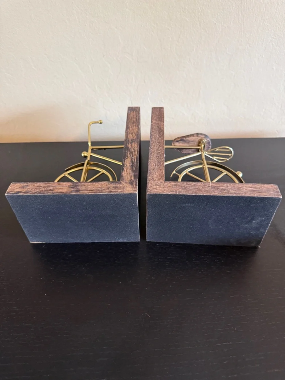 Vintage inspired Gold Metal Bicycle Bookends with Rustic Wood Base - Pair